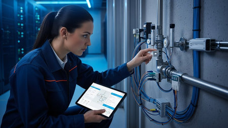 Female engineer using tablet pc against server room in data center 3dの素材