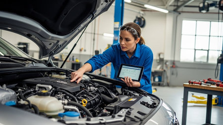 Female mechanic using digital tablet while examining car engine in auto repair shopの素材