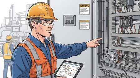 Vector illustration of electrician in helmet and glasses working with digital tablet in industrial interior.の素材