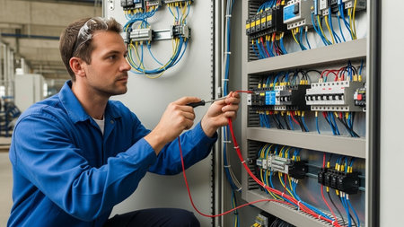 Electrician checking electrical cable in fuse box in fuse box. Electrical panel with fuses and contactors.の素材