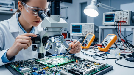 attractive young scientist looking at microcircuit in laboratory with microscopeの素材