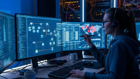 Cyber security and data protection concept. Female security guard in a surveillance room.の素材