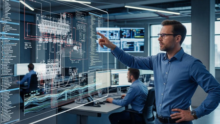 businessman pointing with finger at virtual panel with charts and graphs in officeの素材