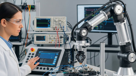 side view of female scientist working with robotic arm in laboratory during experimentの素材