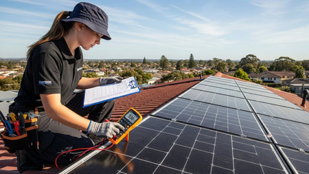 Photovoltaic technician installing solar panels on the roof of a houseの素材