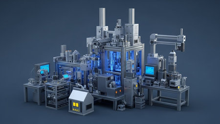 3d rendering of a factory building with industrial equipment on blue backgroundの素材