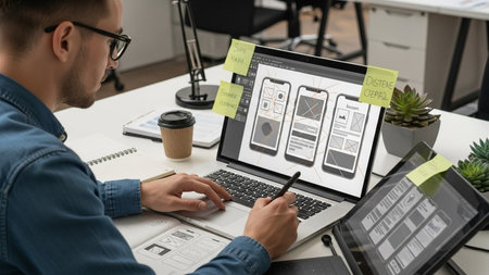 man working with mobile phone app on laptop at desk in modern officeの素材