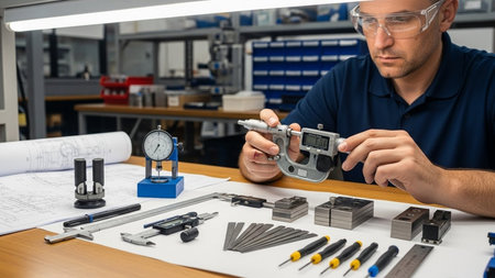 Engineer working on a project in his office, using a caliperの素材