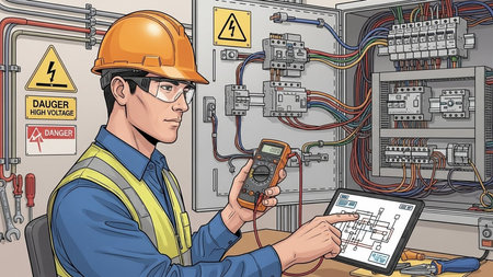 Vector illustration of a electrician working on a digital tablet in a boiler roomの素材