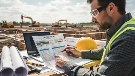 Architect or engineer working on blueprint at construction site. Construction concept.の素材