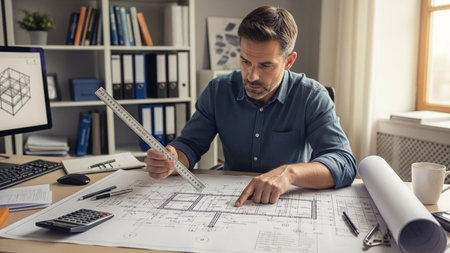 Architect working on blueprint at office desk. Architect working on blueprint at office. Architect concept.の素材