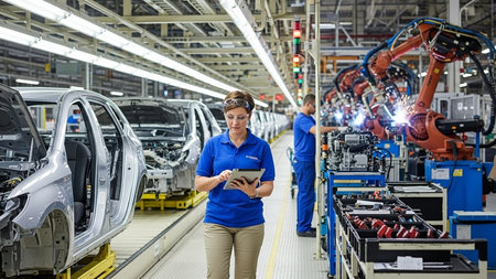 Front view of Caucasian female engineer using digital tablet while standing in car assembly lineの素材