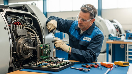 Technician repairing electronic circuit board with screwdriver at modern technology factoryの素材