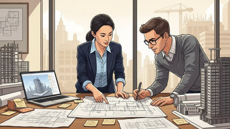 Architect and engineer working on blueprint in office. Vector illustration.の素材