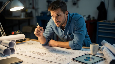 Architect working on blueprints at night in office. Architect concept.の素材