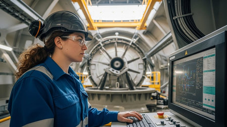 Female engineer working on a computer in a factory. Industrial background.の素材