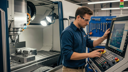 young caucasian man working on CNC milling machine in factoryの素材