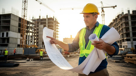 Architect or engineer on a construction site checking blueprints with a penの素材
