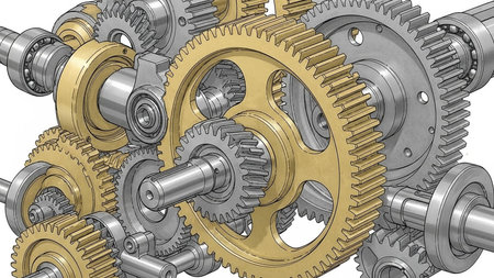 Gears and bearings on a white background. 3D illustration.の素材