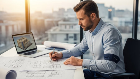 Handsome young architect is working with blueprints and laptop in office.の素材