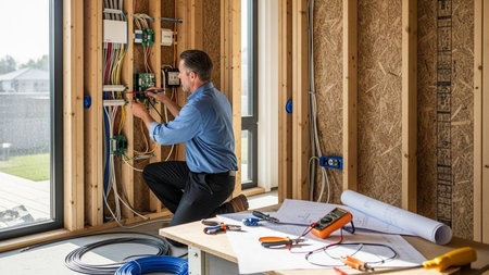 Electrician repairing a heating system with a screwdriver in a new houseの素材