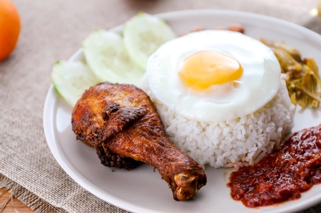 Nasi lemak is Malaysia favourite food which can be eaten with fried chicken or other foods.の素材