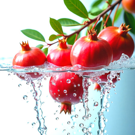 Pomegranate fruit in water with splash on white background.の素材
