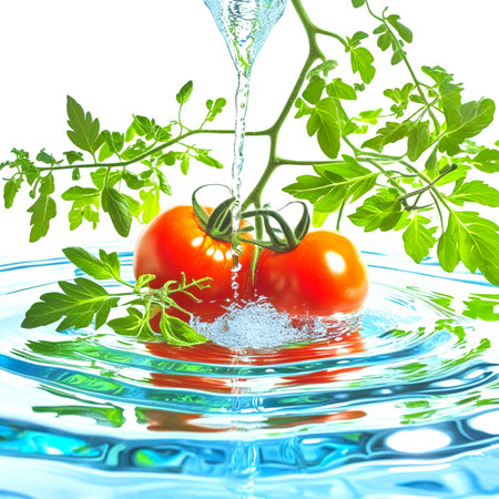 Tomato and parsley in water with splash isolated on white backgroundの素材
