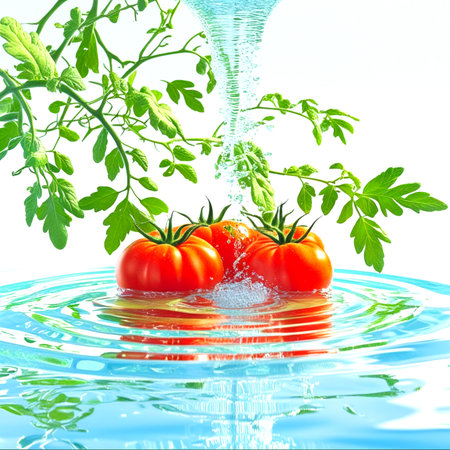 Tomatoes and water splash isolated on white background. 3d illustrationの素材