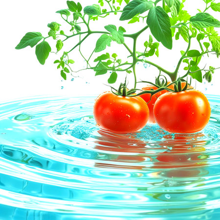 Tomatoes in water with green leaves and ripples. 3d illustrationの素材