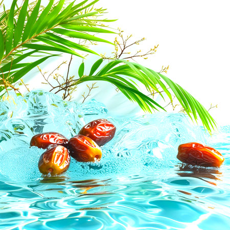 3d illustration of palm leaves and oil palm oil in water.の素材
