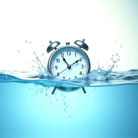 Alarm clock in water. Time concept. 3D Renderingの素材