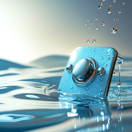 water droplets on a blue water surface. 3d rendering.の素材