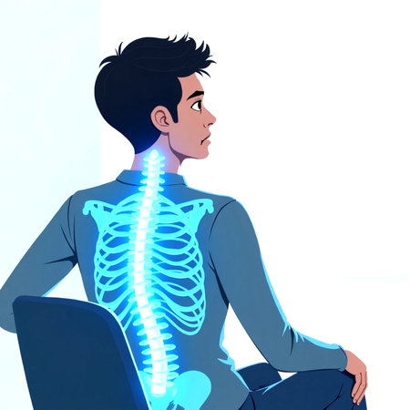 Illustration of a young man with a laptop and highlighted spine.の素材
