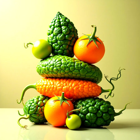 Fruits and vegetables on a yellow background. Healthy food concept.の素材