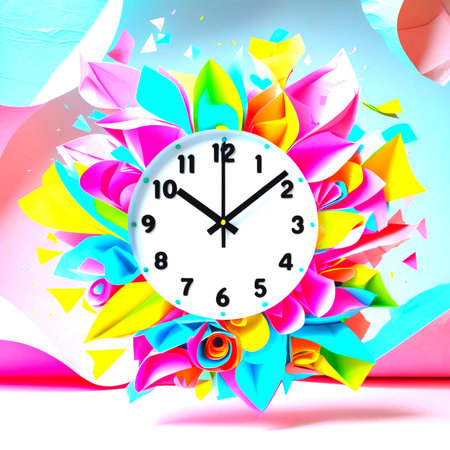 Wall clock with colorful origami background. 3d rendering, 3d illustration.の素材
