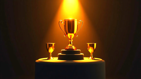 golden trophy cup on black background, 3d rendering. Computer digital drawing.の素材