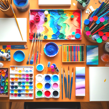 Top view of artist workplace with watercolor paints, brushes and paletteの素材