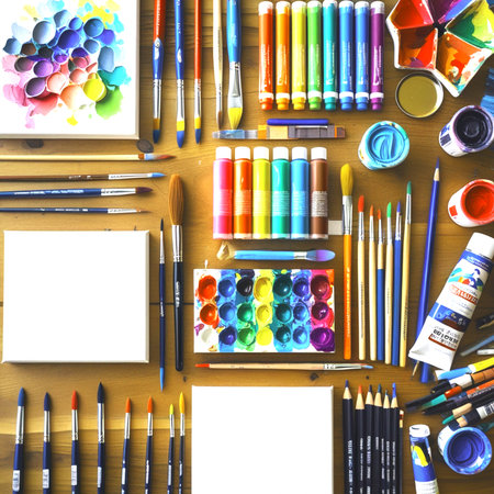 Top view of paintbrushes and paints on a wooden table.の素材