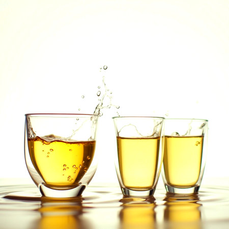 three glasses of whiskey with splashes on a white background close-upの素材