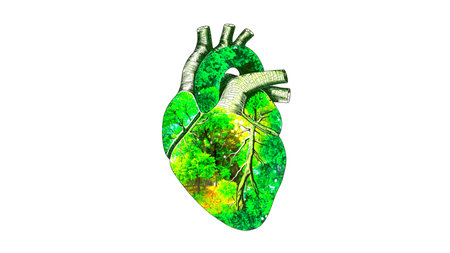 Human heart with green leaves isolated on white background. 3d renderの素材