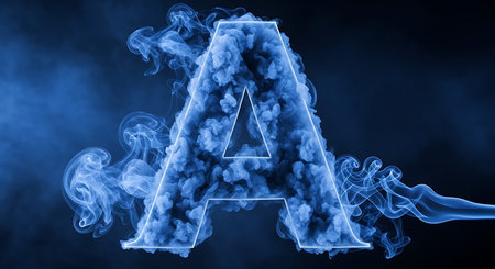 Letter A composed of thick white smoke, enclosed by vibrant blue neon light. Ethereal tendrils drift around the illuminated character. Modern abstract design.の写真素材