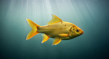 One vibrant yellow goldfish gracefully navigates clear, deep cyan water. Sunlight beams filter down,...