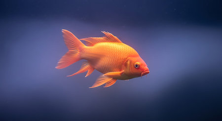 Bright orange goldfish glides effortlessly in calm blue water. Beautiful fish displays its elegant...