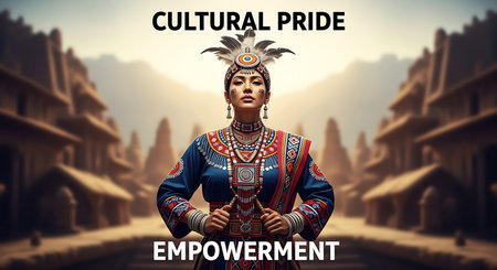 Cultural heritage representation featuring native female leader in detailed ethnic clothing and feathered headdress overlooking historical architecture at dawn with symbolic empowerment theme for identity awareness and traditional legacy preservationの写真素材