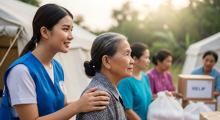 Young female volunteer, compassionate smile, comforting senior Asian woman, relief camp, humanitarian aid, disaster relief, support, empathy, caring interaction, helping hands, community service, global assistance, crisis response, people togetherの写真素材