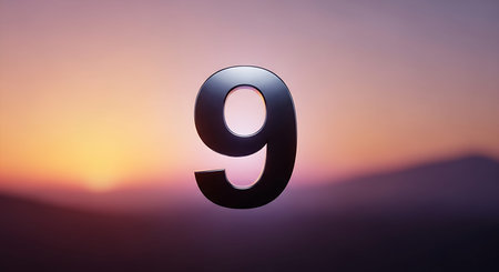 Number nine 3d render, floating metallic numeral against colorful sunrise sunset sky, soft focus background, vibrant colors, abstract, symbolic, concept, representation, countdown, element, designの写真素材