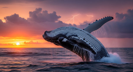 Magnificent whale jumping out of water, sunset horizon with glowing orange sun, water splashing around sea creature, majestic aquatic animal behavior in wild deep sea habitat at twilight hourの写真素材