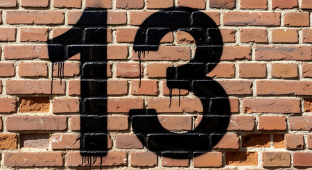 Gritty street art with a black spray-painted number 13 on a textured brick wall, paint drips...