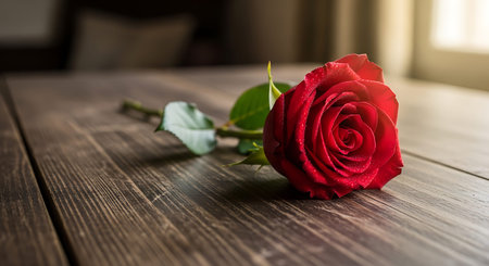 Beautiful blooming red rose with green leaves on textured wood surface. Delicate petals covered in tiny dew drops in shallow depth of field. Elegant floral decoration representing love passion beauty and sentimental gift for someone specialの写真素材